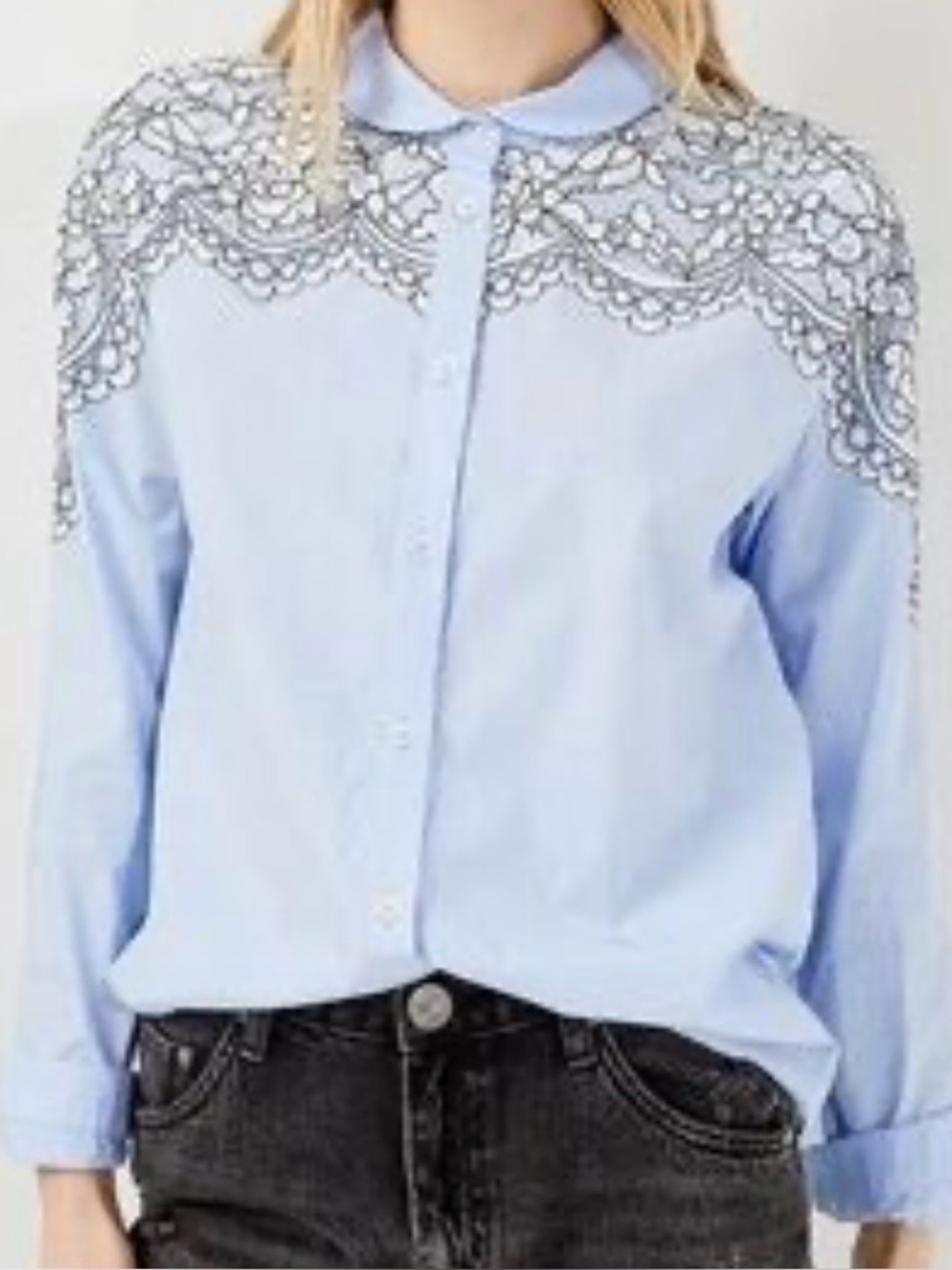 Twin-Set Light Blue Lace-Yoke Button Down Shirt